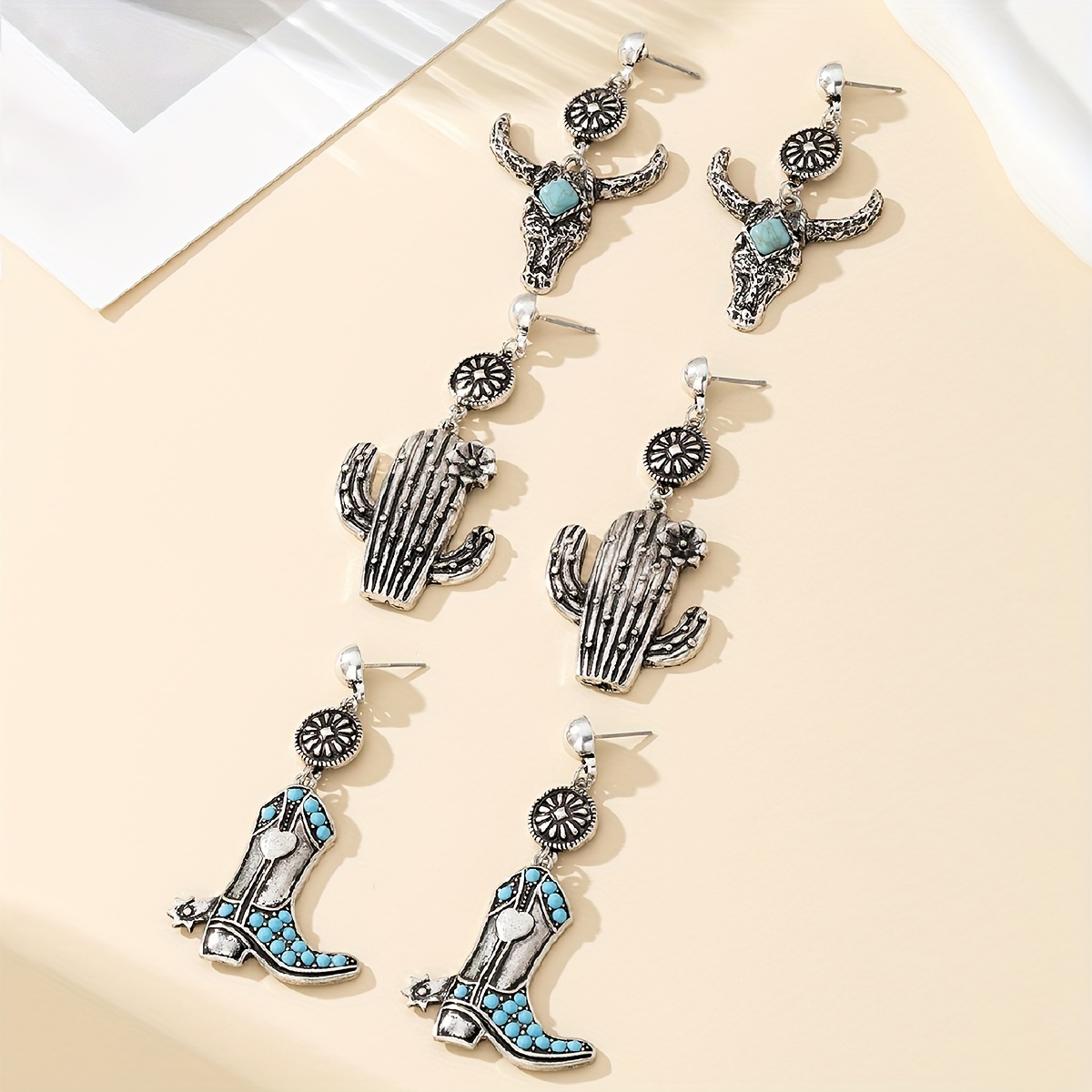 Western Style Earrings Set with Boot & Cactus Pendants